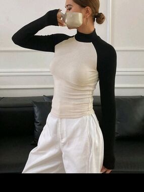 SHEIN Black and Cream Colorblock Mock Neck Long Sleeve Top